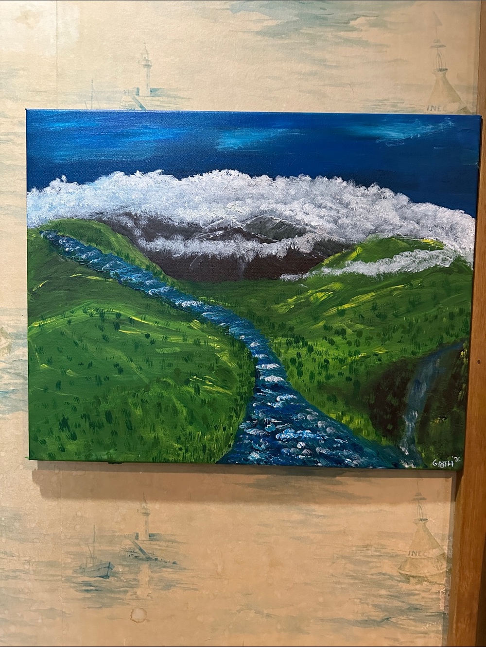 Tranquil Green & Blue Landscape Canvas Painting